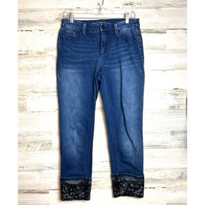 Chico’s Womens S Blue So Slimming Denim Ankle Jeans Black Lace Sequin Cuff Zip
